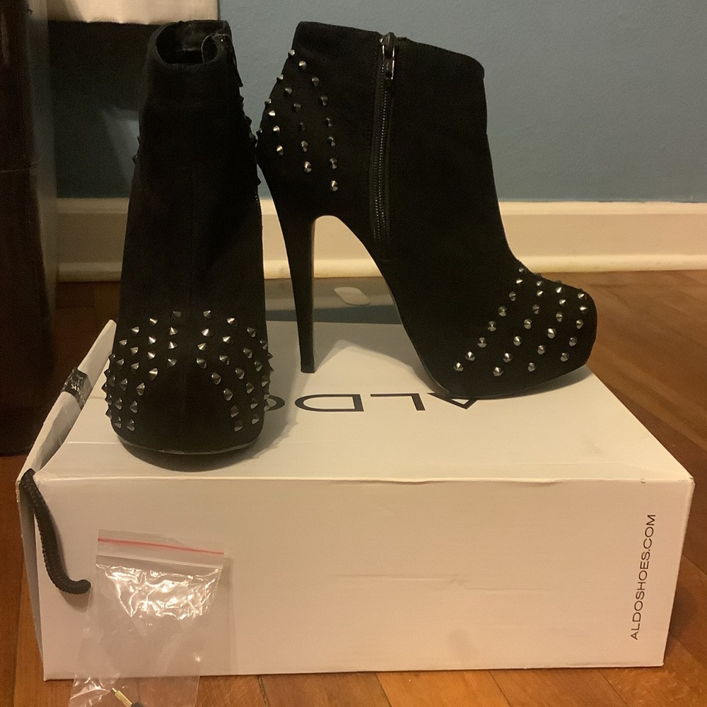 Aldo Black Suede Studded Stiletto Ankle Boots